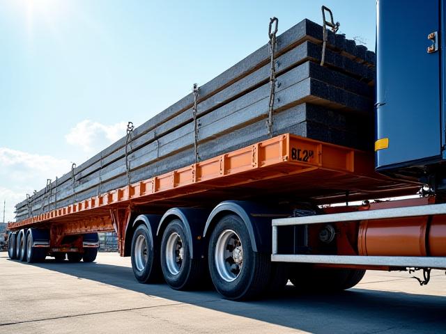 Heavy duty flatbed truck transporting large construction beams in South Carolina