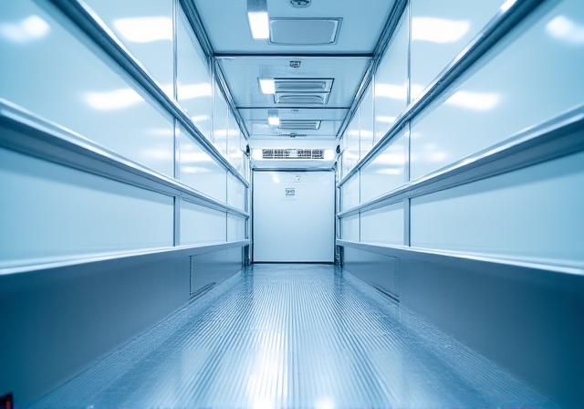 Interior of a sanitized, high-tech refrigerated trailer with stainless steel surfaces
